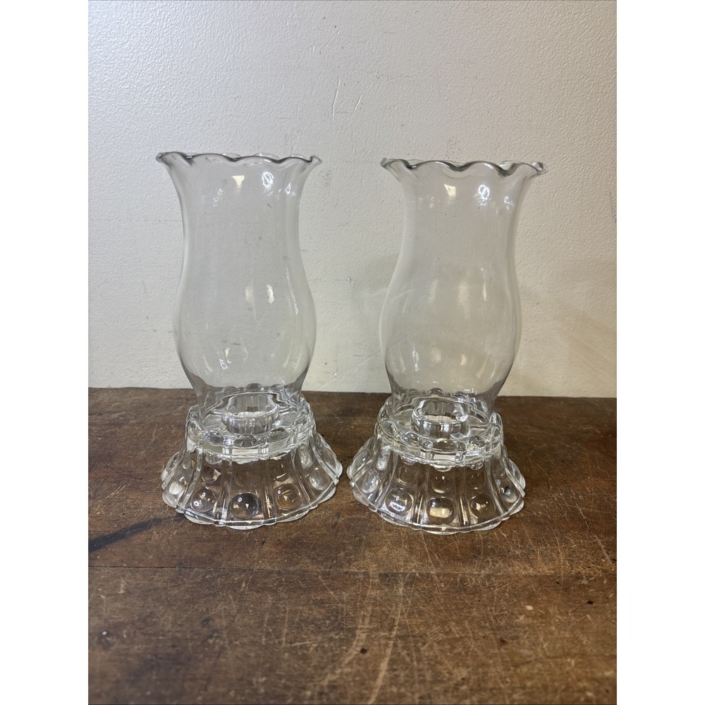 Indiana Hurricane Clear Glass Taper Candle Stick Holders Bubble Base Ruffled